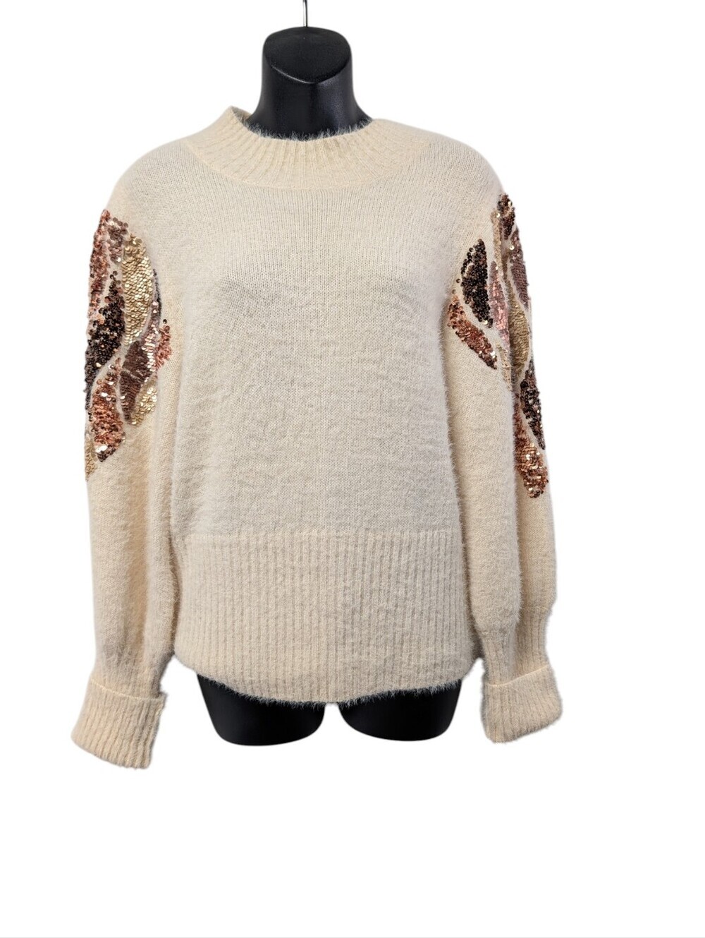 Listicle Women's Size M Cream Fuzzy Sweater Sequin Sleeve Embroidery Rose Gold